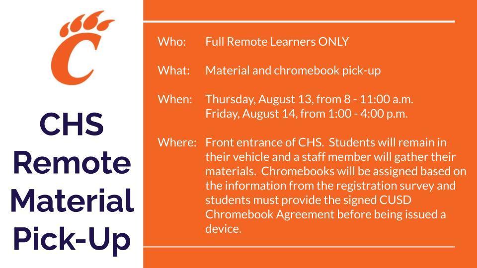 CHS Remote Learner Information for Chromebook/Materials Pick-Up